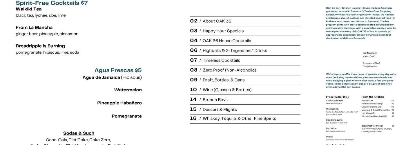 OAK 36 Bar + Kitchen Menu