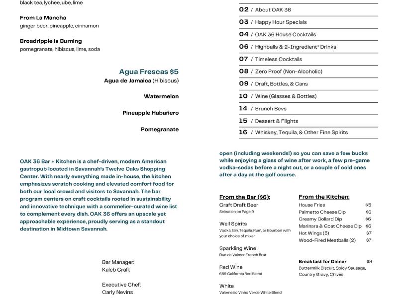 OAK 36 Bar + Kitchen Menu