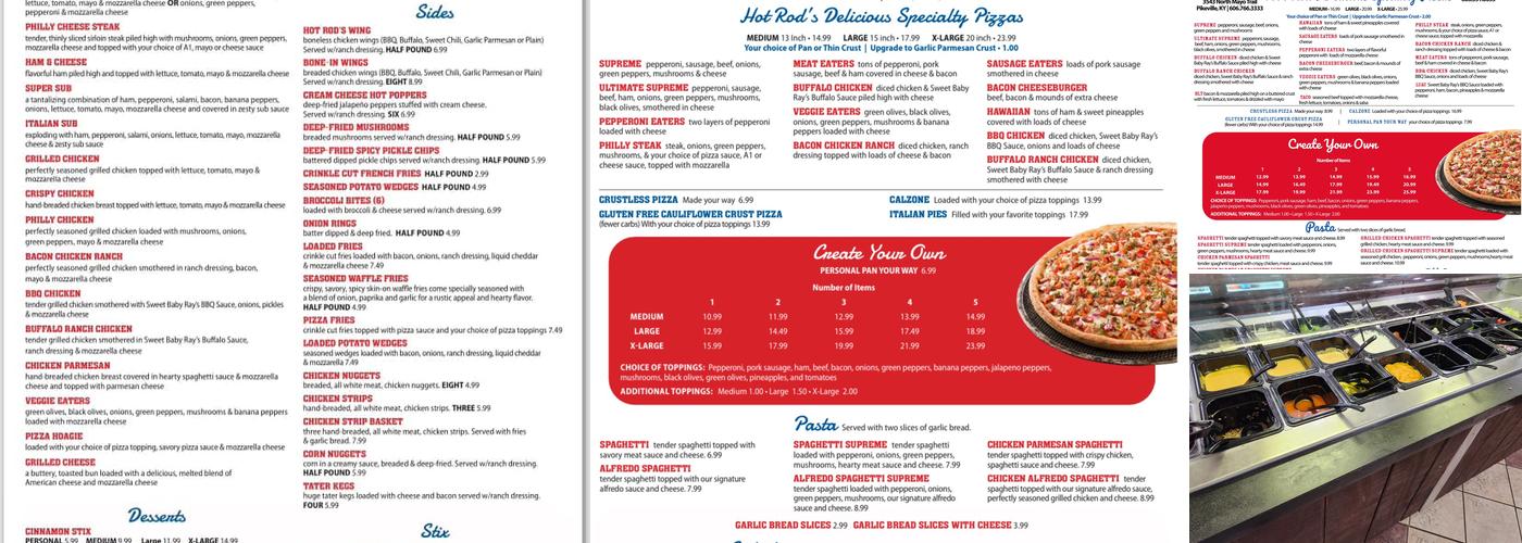 Hot Rod's Pizza Hazard Menu