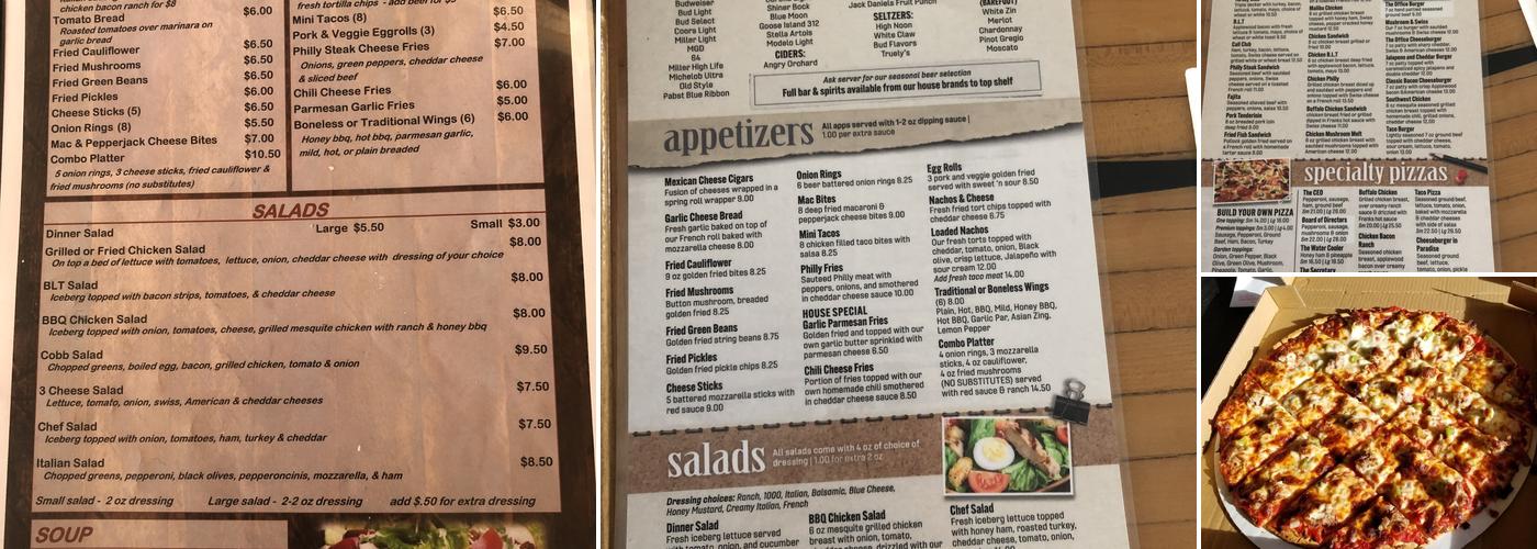 The office bar, grill, pizza too! Menu