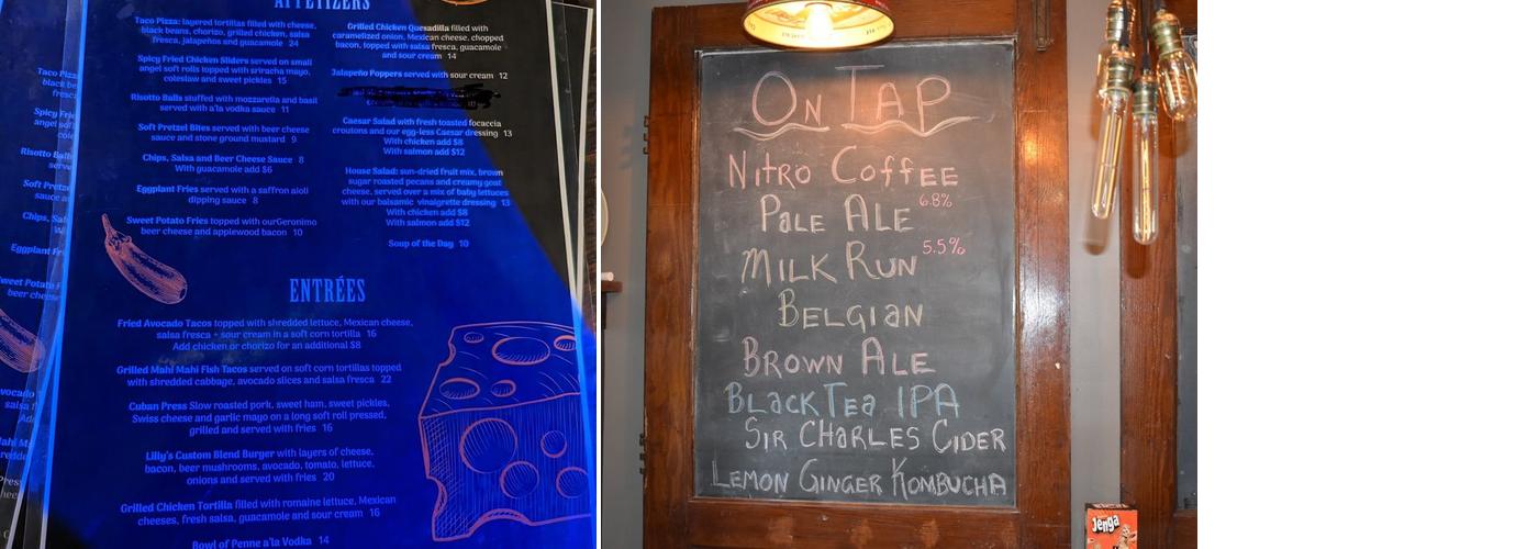 Geronimo Brewing at Lilly's Jury Room Menu