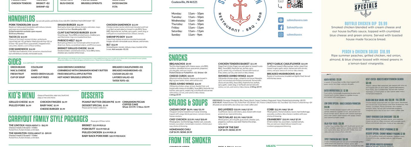 Sahm's Haven Menu