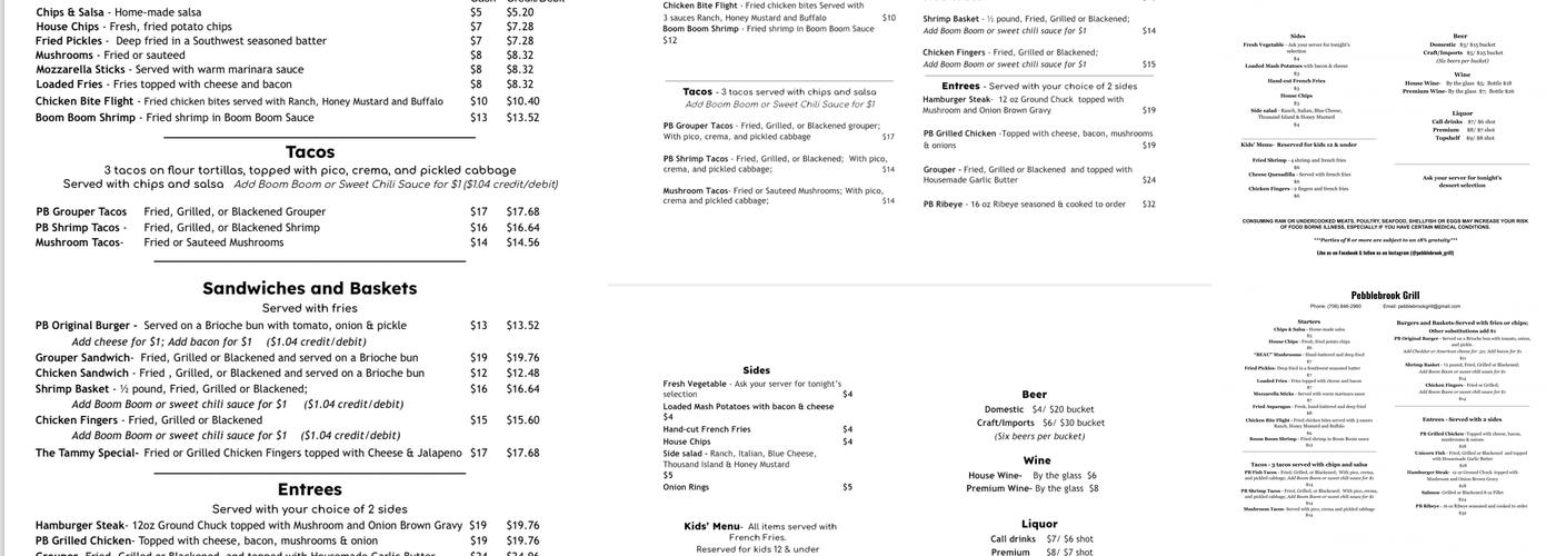 Pebblebrook Grill Menu