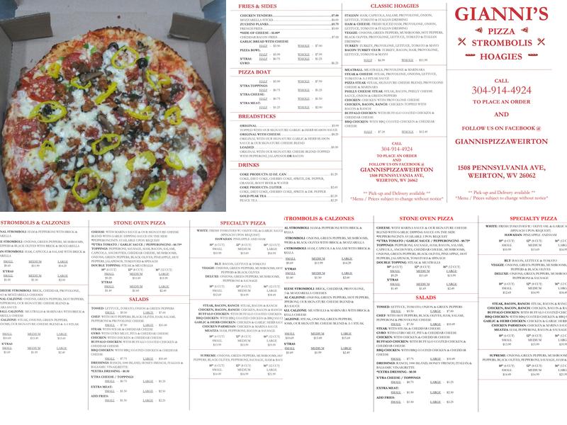 Gianni's Weirton Menu
