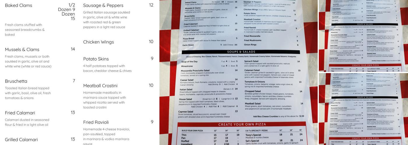 Sal and Tony's Italian Menu