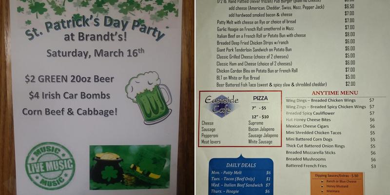 Brandt's Tavern Bar and Grill Menu