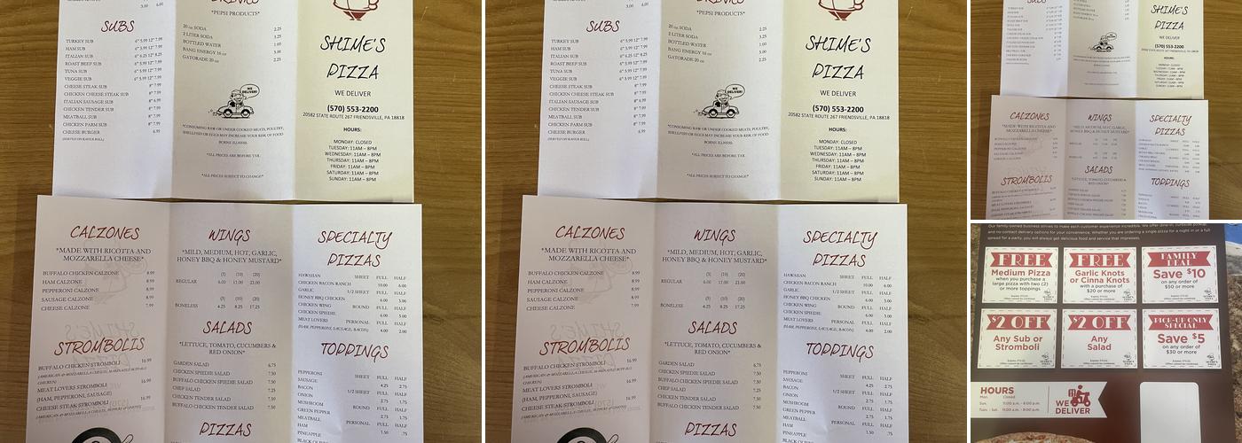 Shime’s Pizza Menu