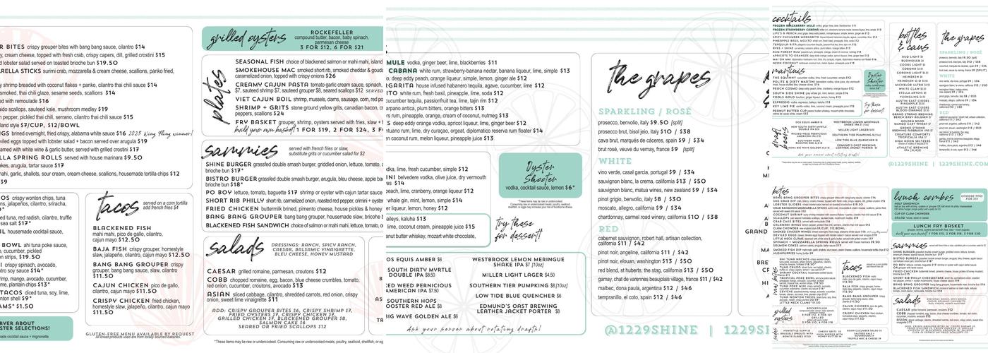 1229 Shine Menu