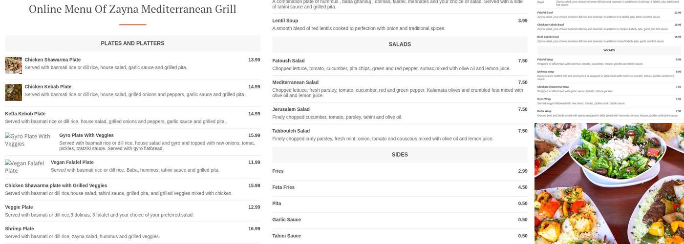 Zayna Mediterranean Grill Menu