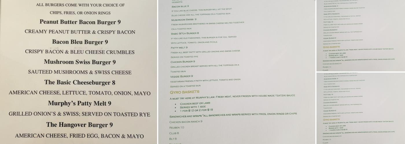 Murphy's Law Restaurant and Bar Menu