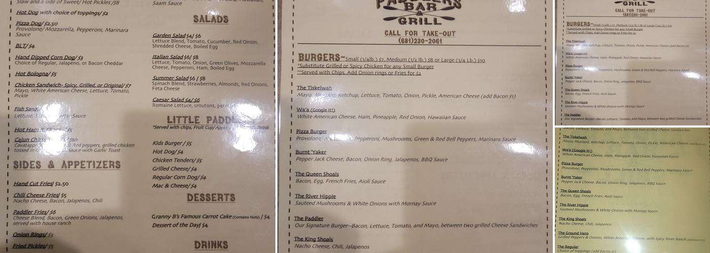 Paddler's Bar and Grill Menu