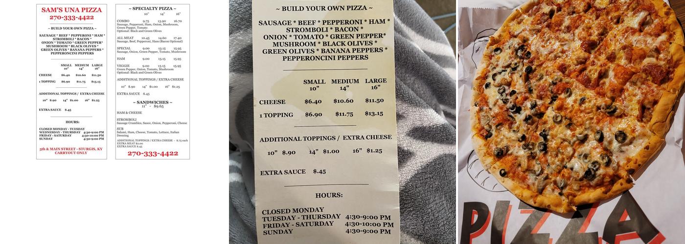 Sam's Una Pizza Sturgis, KY Menu