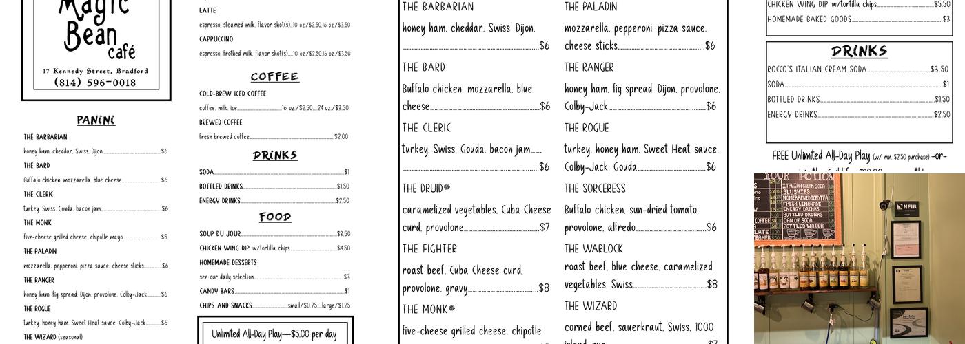 The Magic Bean Cafe Menu