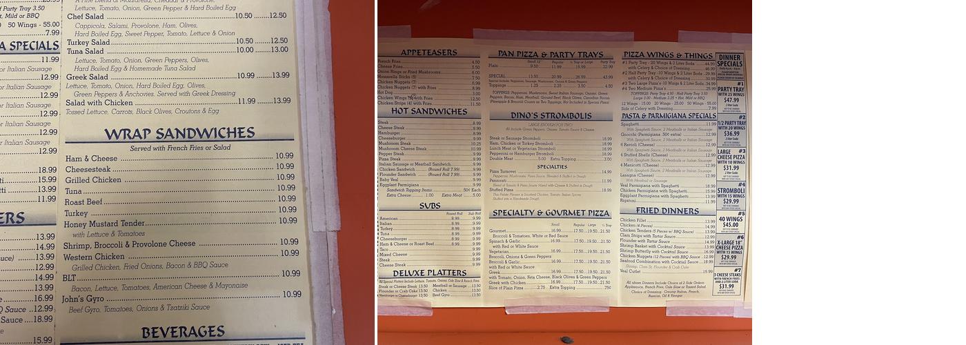 Dino's Pizzaria Menu