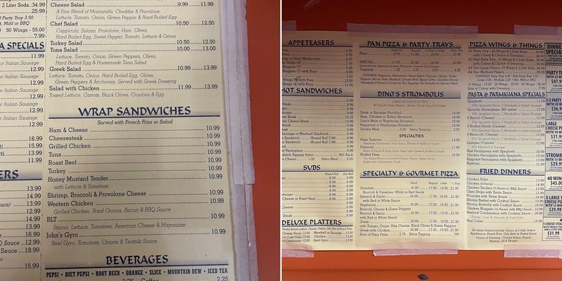 Dino's Pizzaria Menu