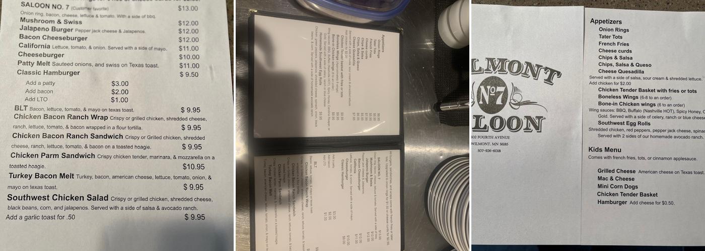 Wilmont Saloon No 7 Menu