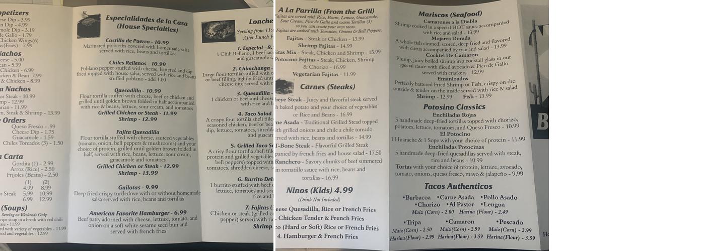 El Potosino Menu