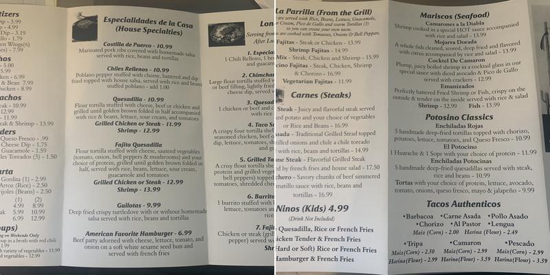 El Potosino Menu