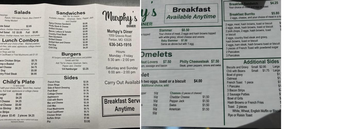Murphy's Diner Menu