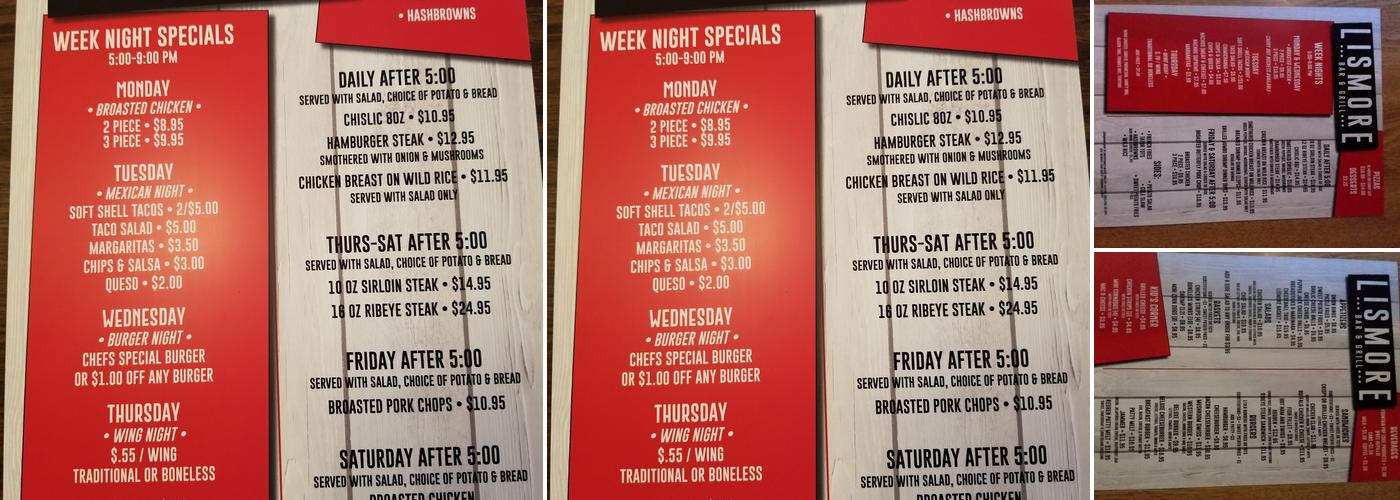 Lismore bar and grill Menu