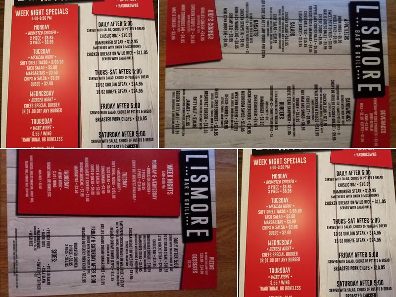 Lismore bar and grill Menu