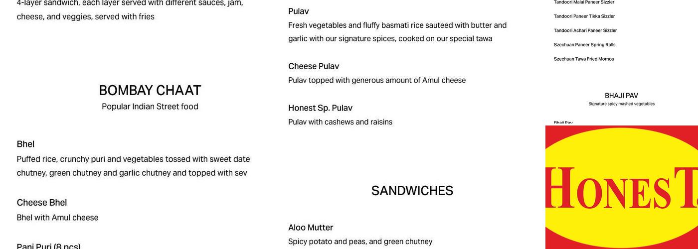 Honest Indian Restaurant Menu