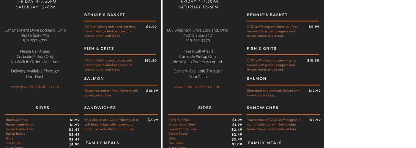 Jeanetta's Fish Bar Menu