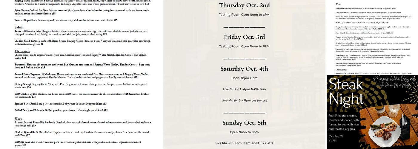 Singing Water Vineyards Menu