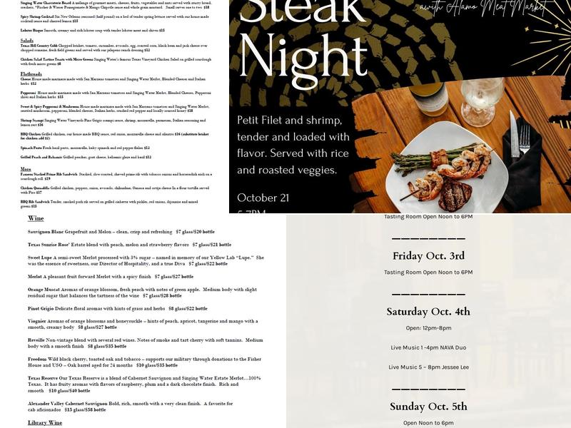 Singing Water Vineyards Menu