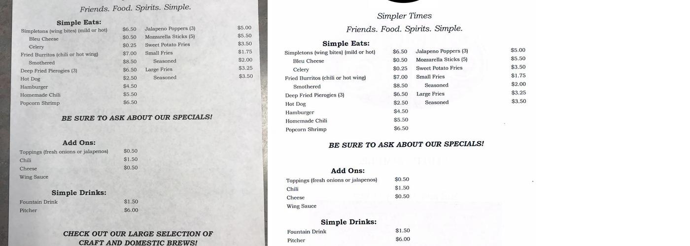 Simpler Times Menu