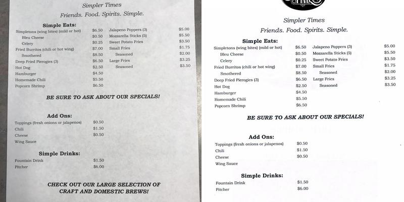 Simpler Times Menu
