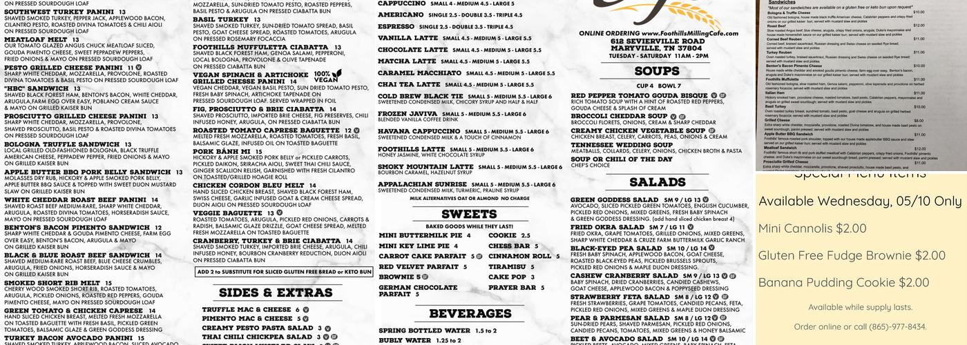 Foothills Milling Cafe Menu