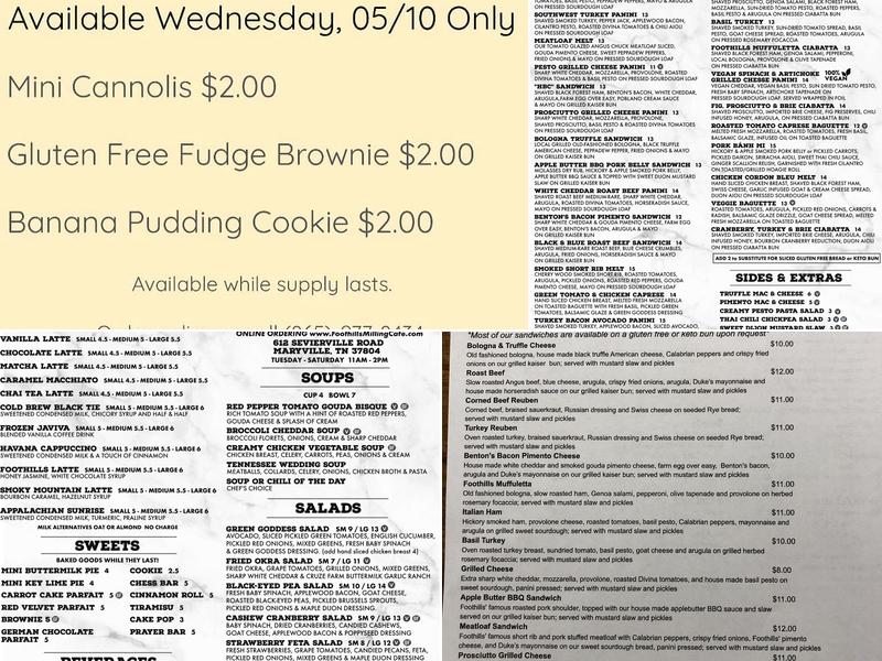 Foothills Milling Cafe Menu