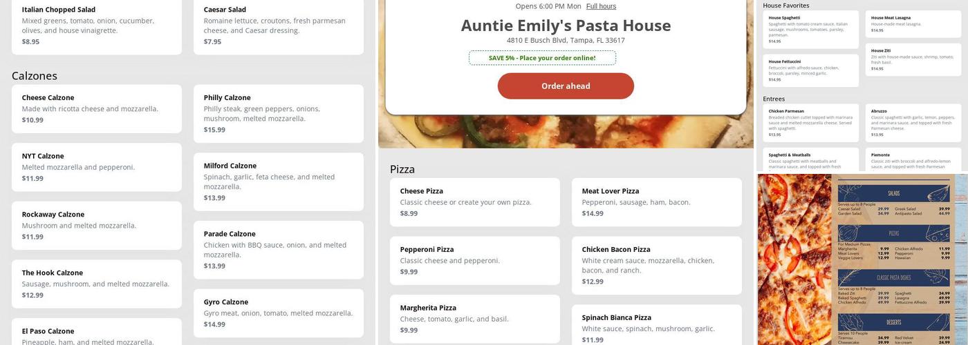 Auntie Emily's Pasta House Menu