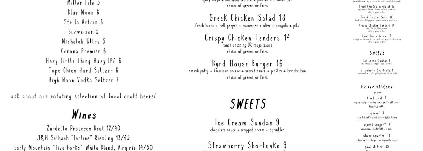Byrdhouse Menu