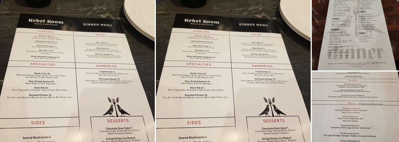 The Rebel Room Menu