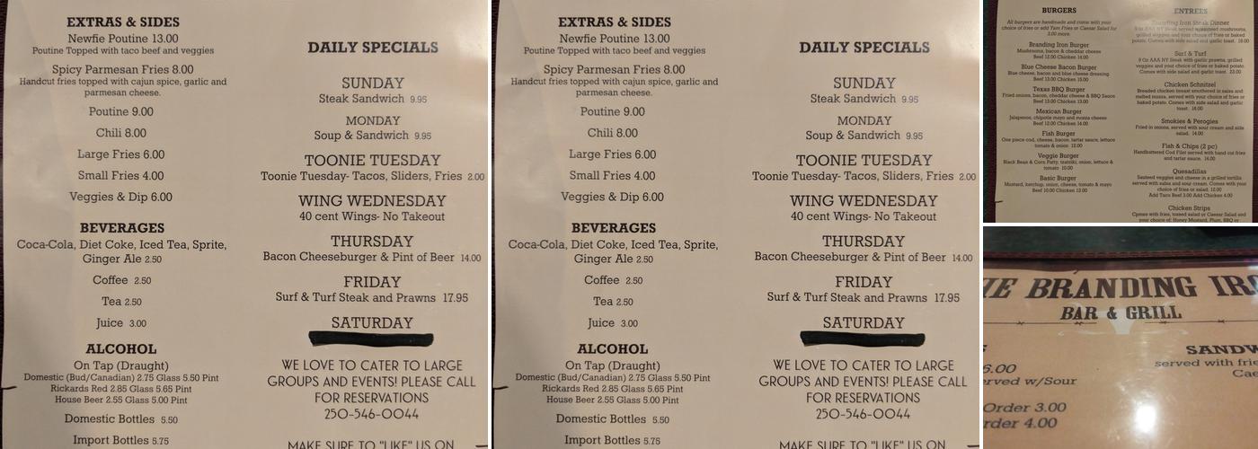Branding Iron Pub Menu