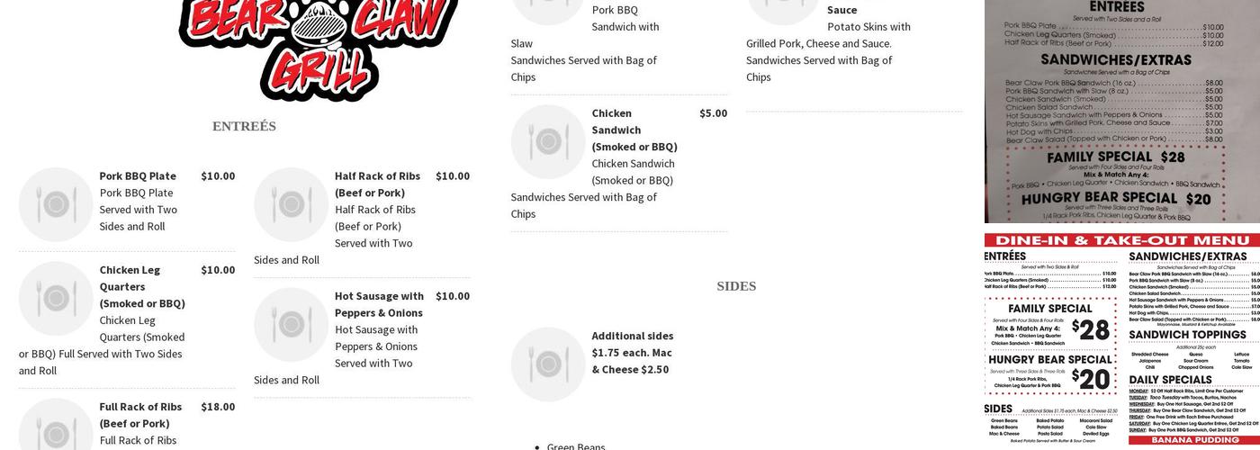 Bear Claw Grill Menu
