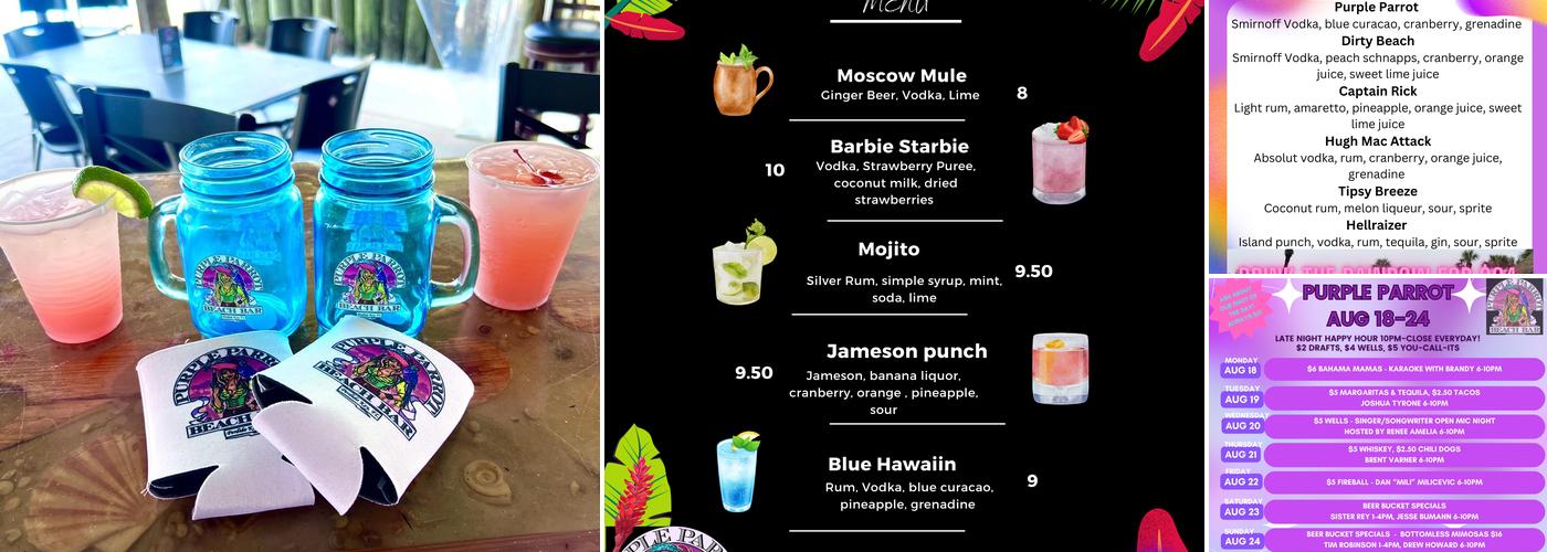 Purple Parrot Tiki Bar & 3 Palms Bistro Menu