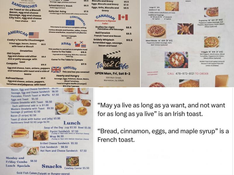 Take 2 Cafe Menu