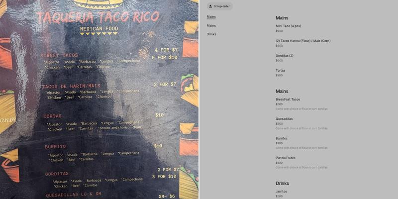 Taqueria Taco Rico Menu