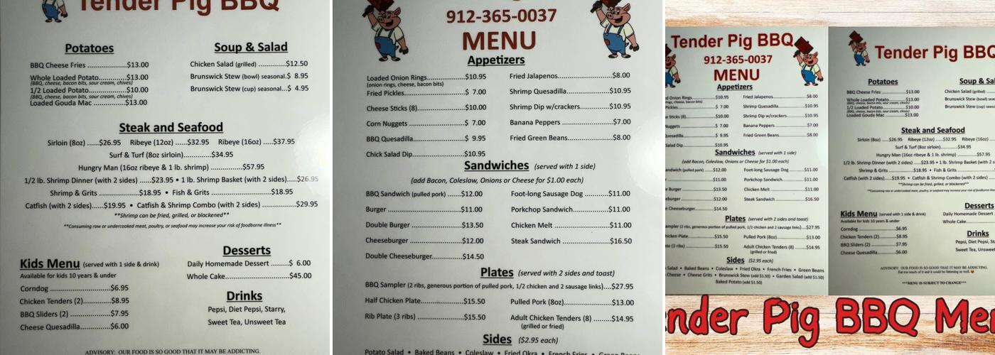 Tender Pig BBQ Menu