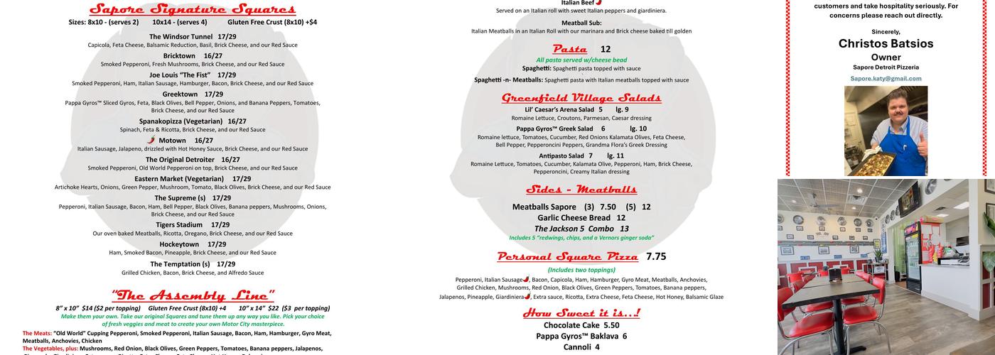 Sapore Detroit Pizzeria Menu