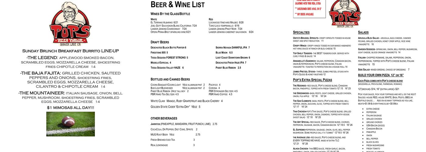 Pop's Pizza Parlor Menu