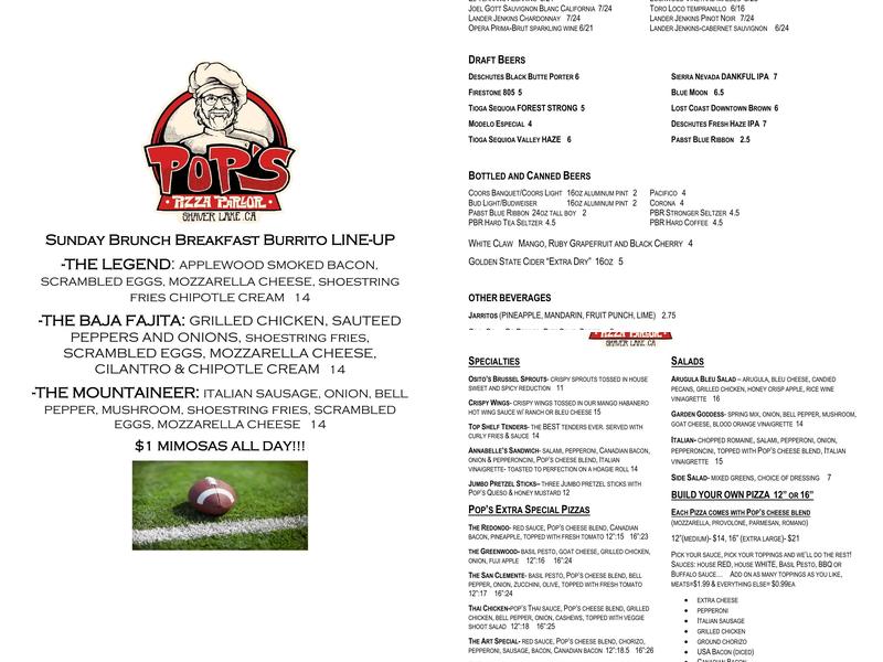 Pop's Pizza Parlor Menu