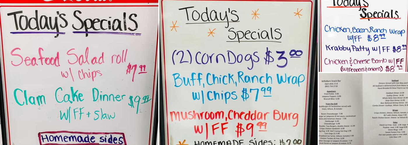 WilloBarn Snack Bar Menu