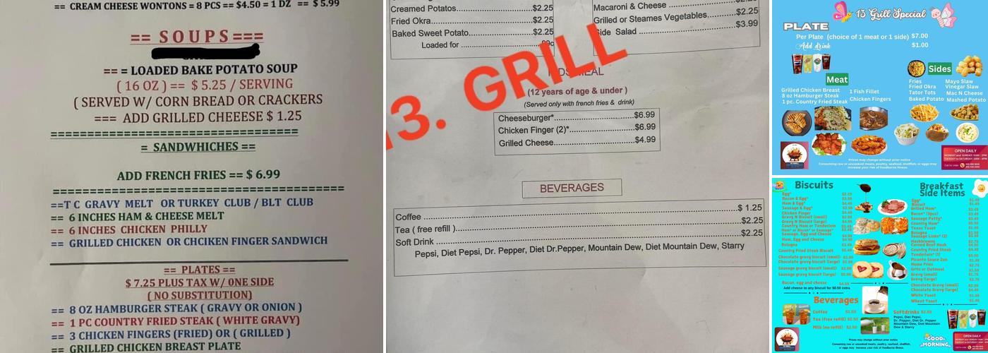 13 Grill Menu