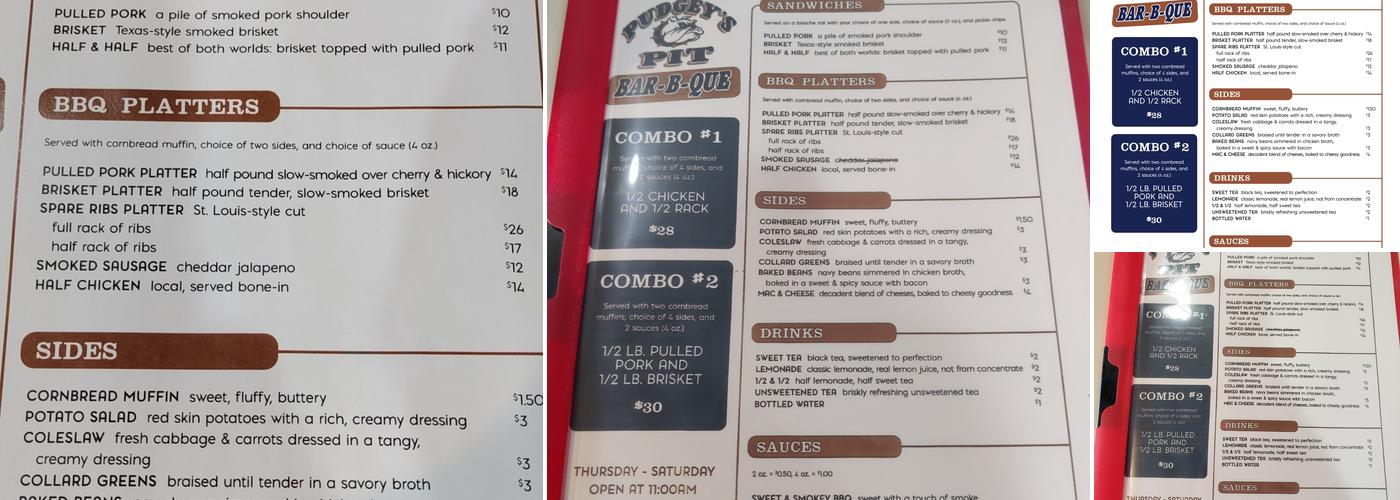 Pudgey's Pit Bar B Que Menu