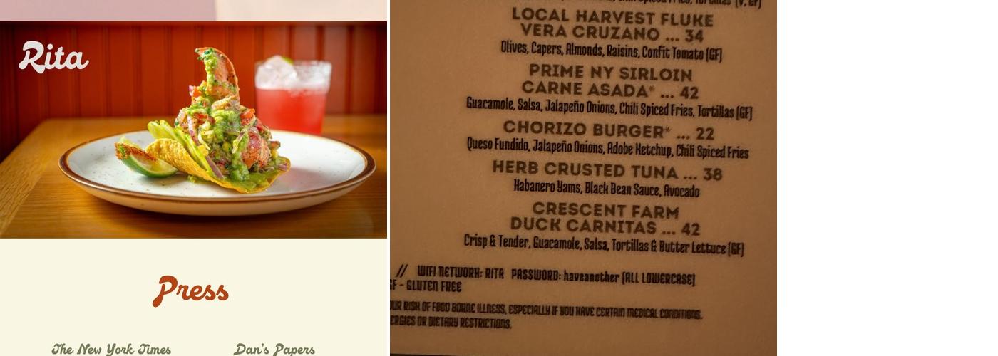 Rita Cantina Menu