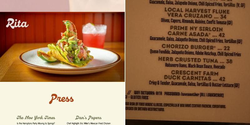 Rita Cantina Menu